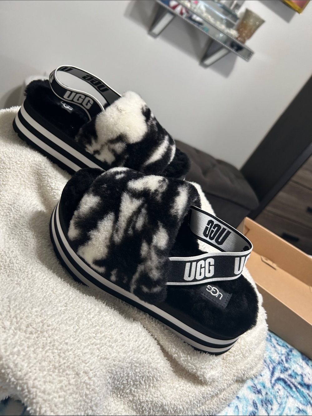 UGG Black and White Fluff Platform Slide Sandals